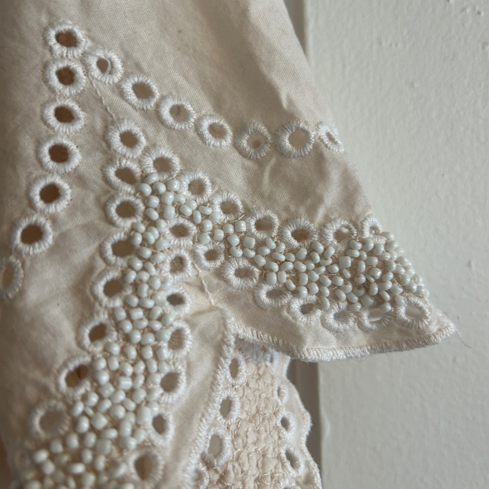LOFT Women’s XSP Cotton Hand Beaded Crew Neck Short Sleeve Scallop Eyelet